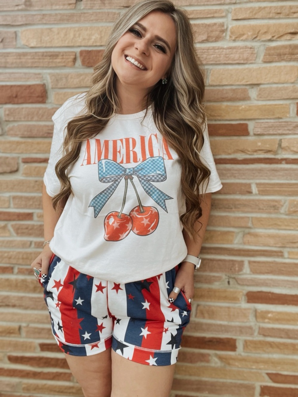 White Graphic Short Sleeve Tee with Americana Cherry Print